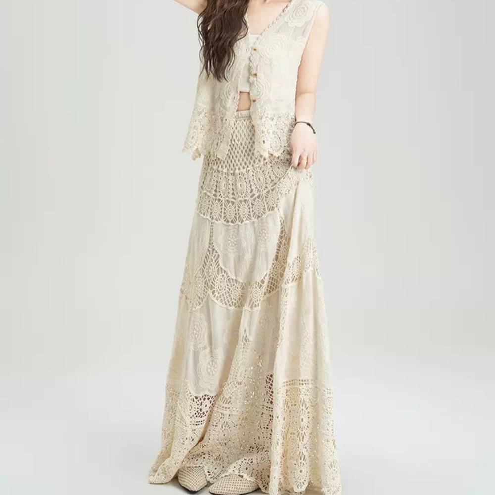 Cream Crochet Maxi Skirt and Top Set